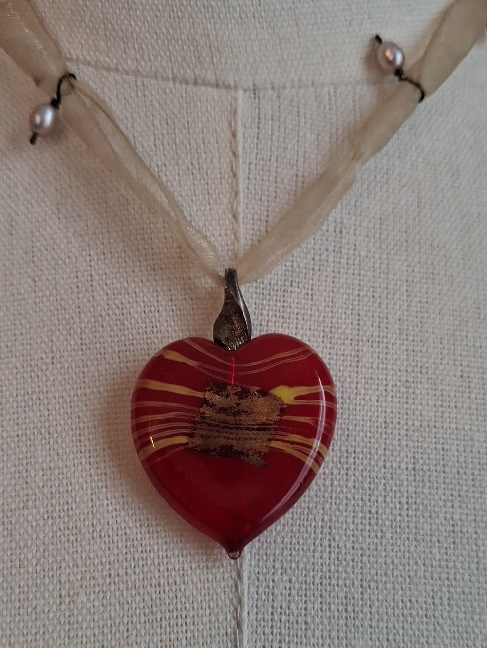 Handcrafted Red Heart Glass Pendant Ribbon Necklace Romantic Coquette Jewelry - Picture 2 of 5